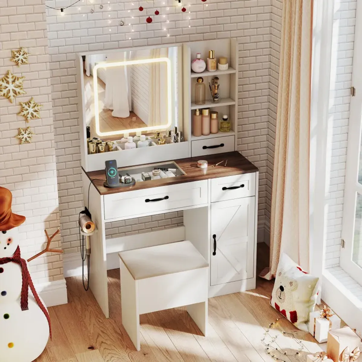 Vanity Desk with Mirror and Lights Farmhouse Makeup Dressing Table
