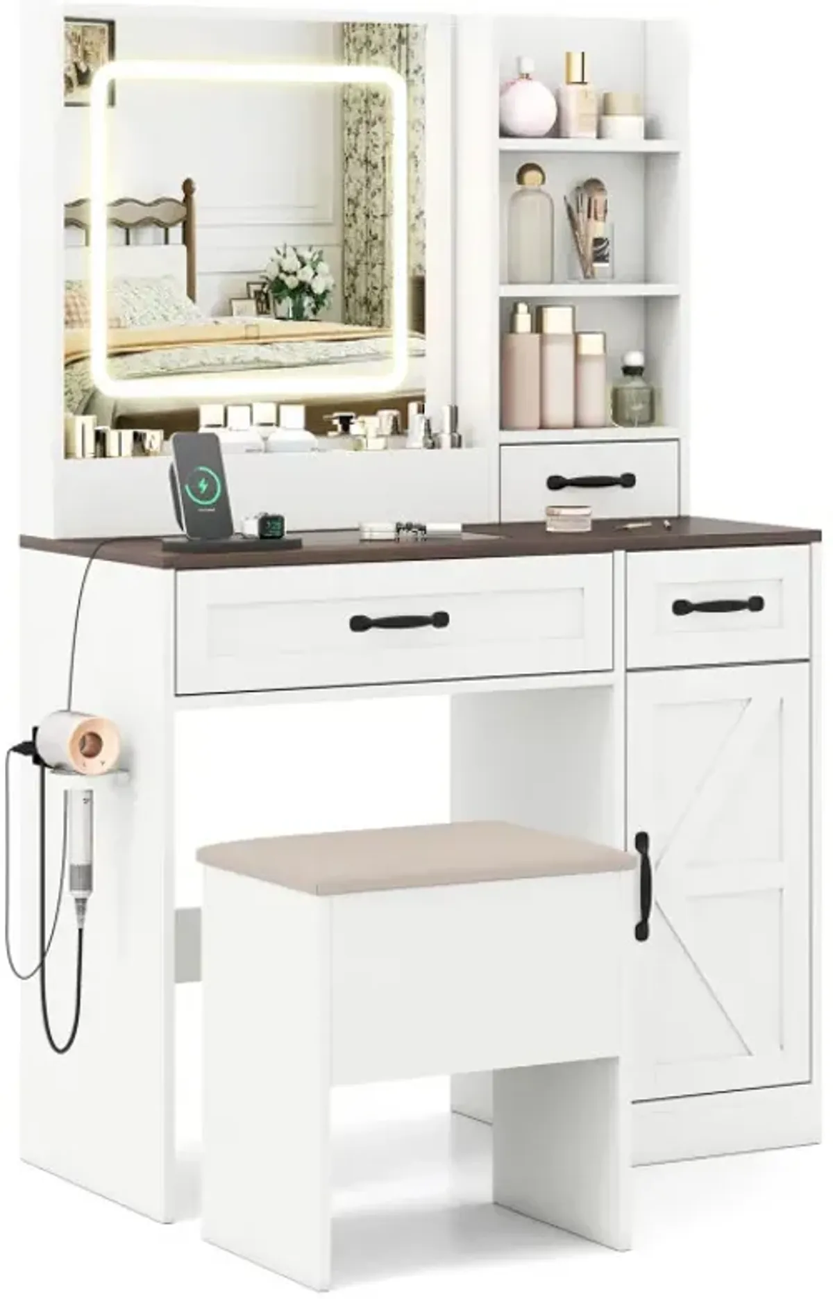 Vanity Desk with Mirror and Lights Farmhouse Makeup Dressing Table