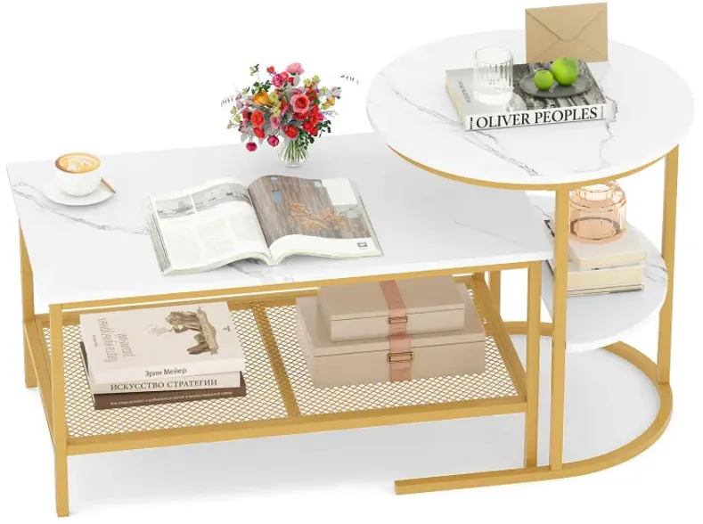 Coffee Table 2-Tier Rectangle Coffee Table and Side End Table with Storage Shelves