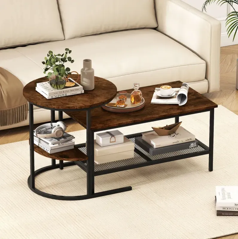 Coffee Table 2-Tier Rectangle Coffee Table and Side End Table with Storage Shelves