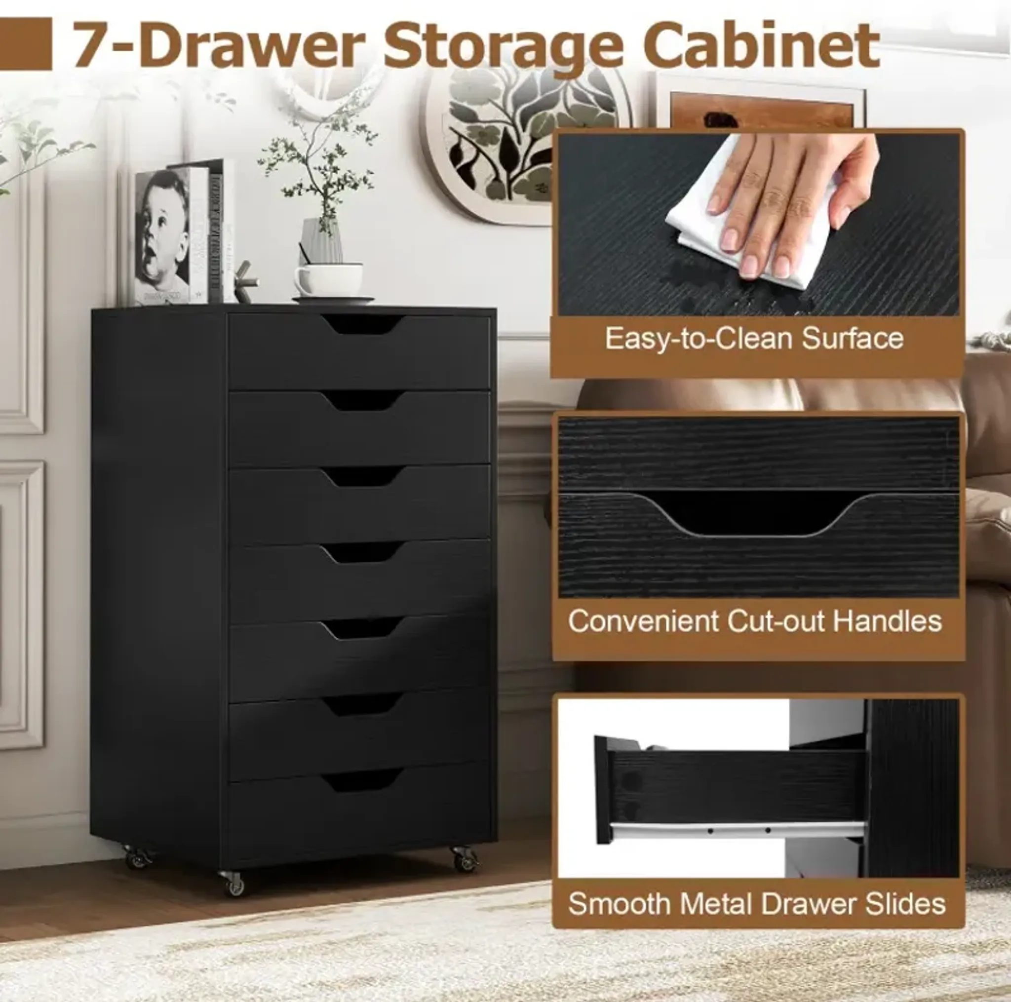 7 Drawer Chest Wooden Storage Dresser With Lockable Wheels Costway ...