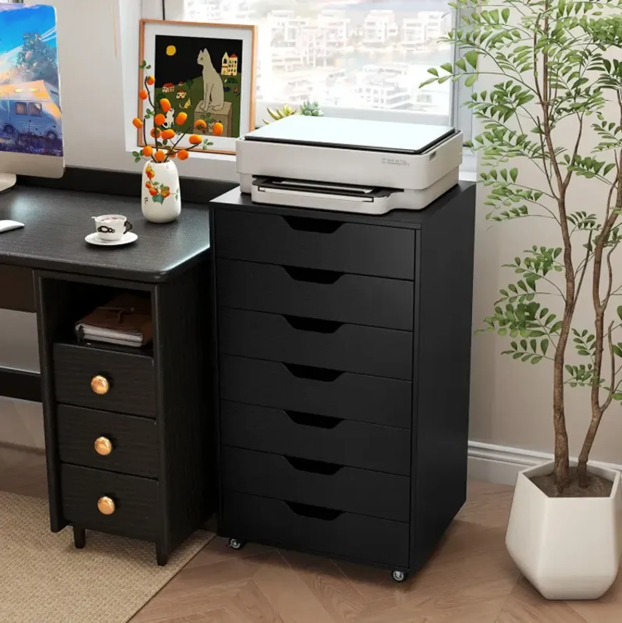 7 Drawer Chest Wooden Storage Dresser With Lockable Wheels Costway ...