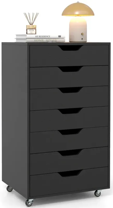 7-Drawer Chest Wooden Storage Dresser with Lockable Wheels