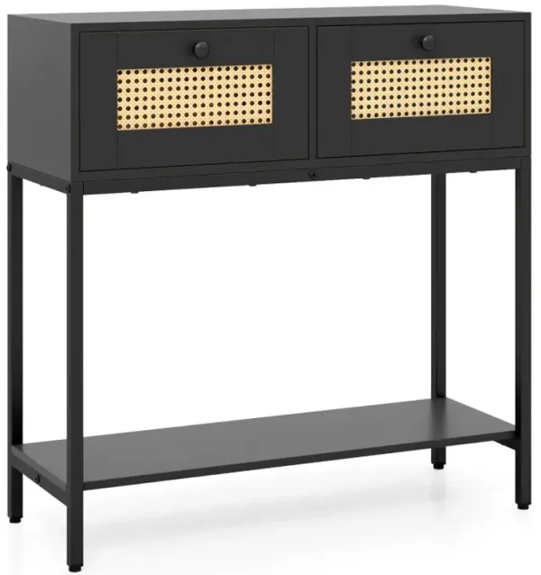 Rattan Console Table Boho Entryway Table with 2 Rattan Drawers and Open Storage Shelf