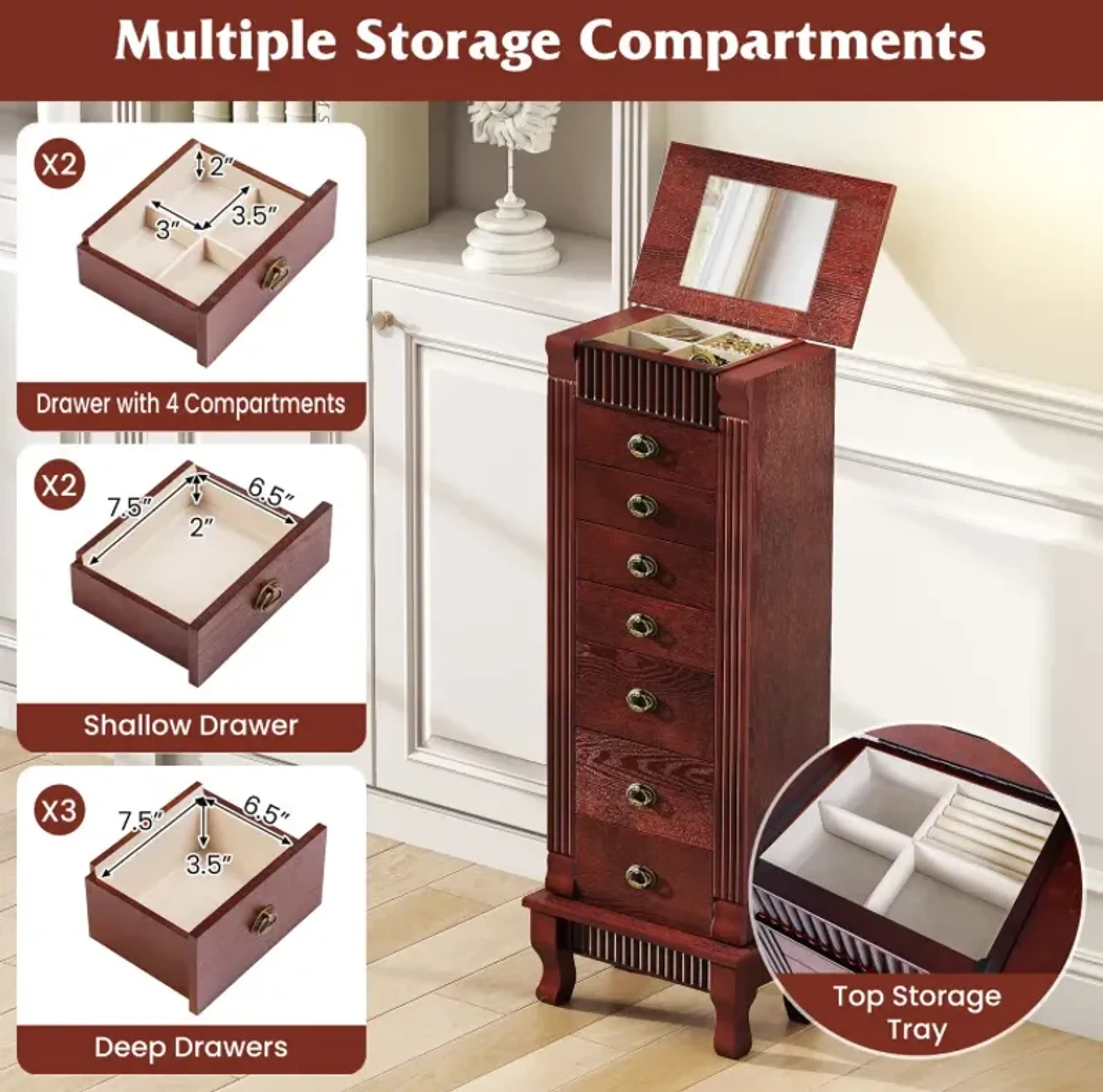 Wooden Jewelry Armoire Cabinet Storage Chest With Drawers And Swing