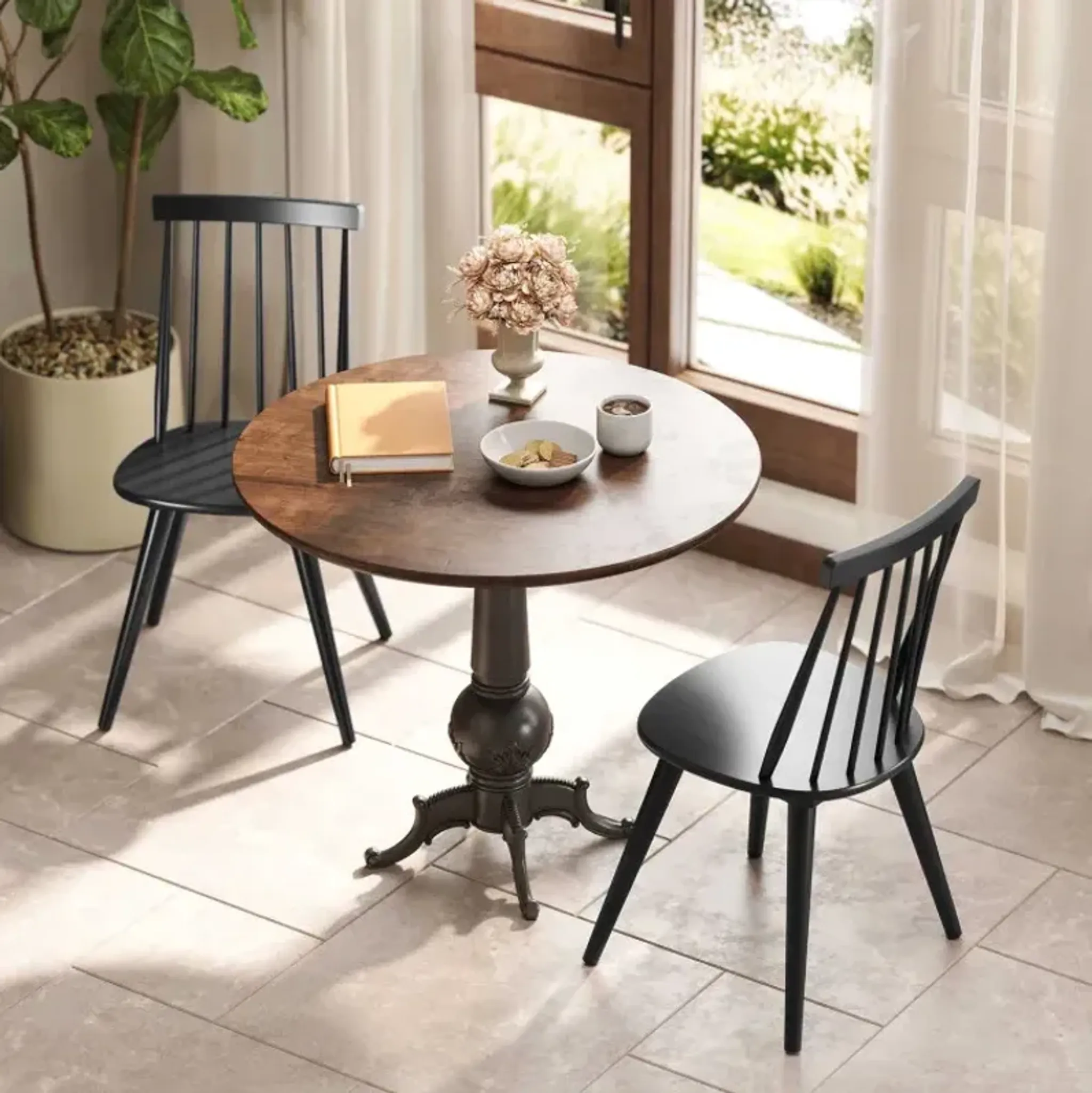 Windsor Dining Chair Set of 2 with Solid Rubber Wood Frame