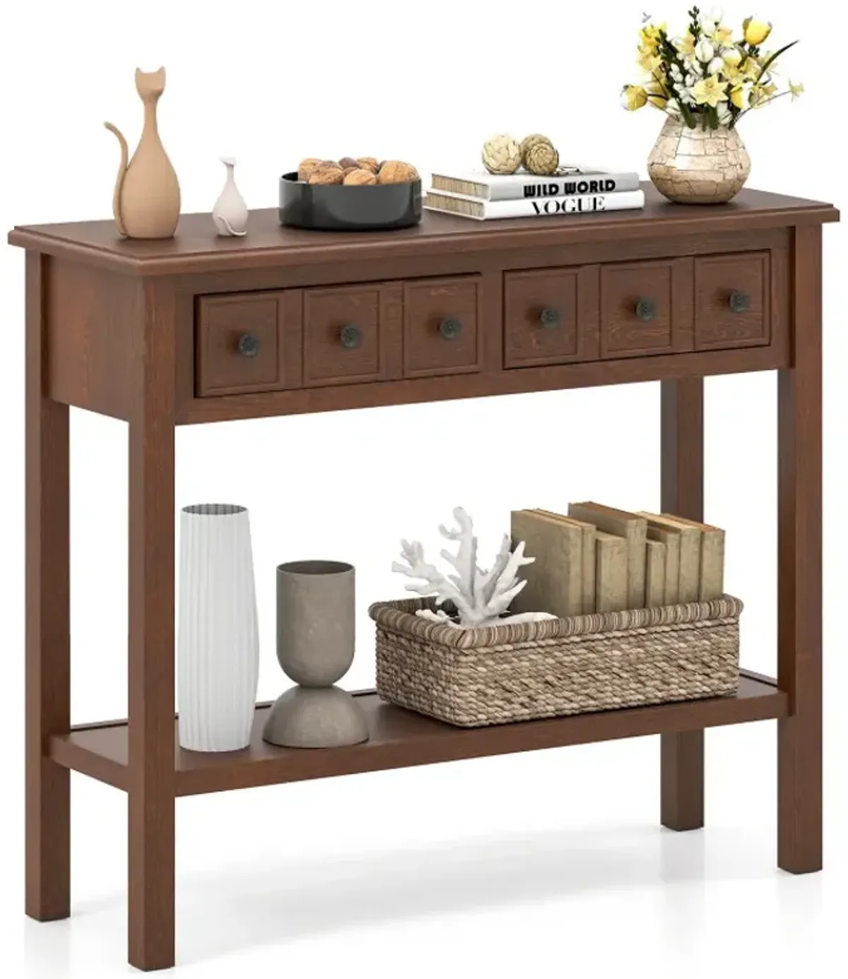 38 Inch Rustic Console Table with 2 Drawers and Bottom Open Shelf