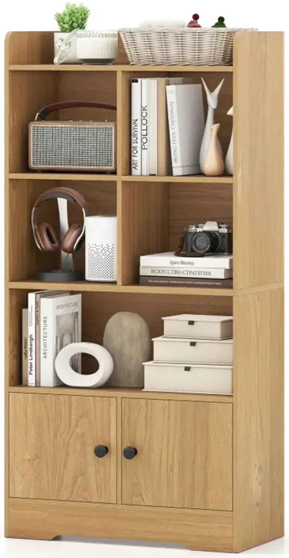4 Tiers Bookshelf with 4 Cubes Display Shelf and 2 Doors