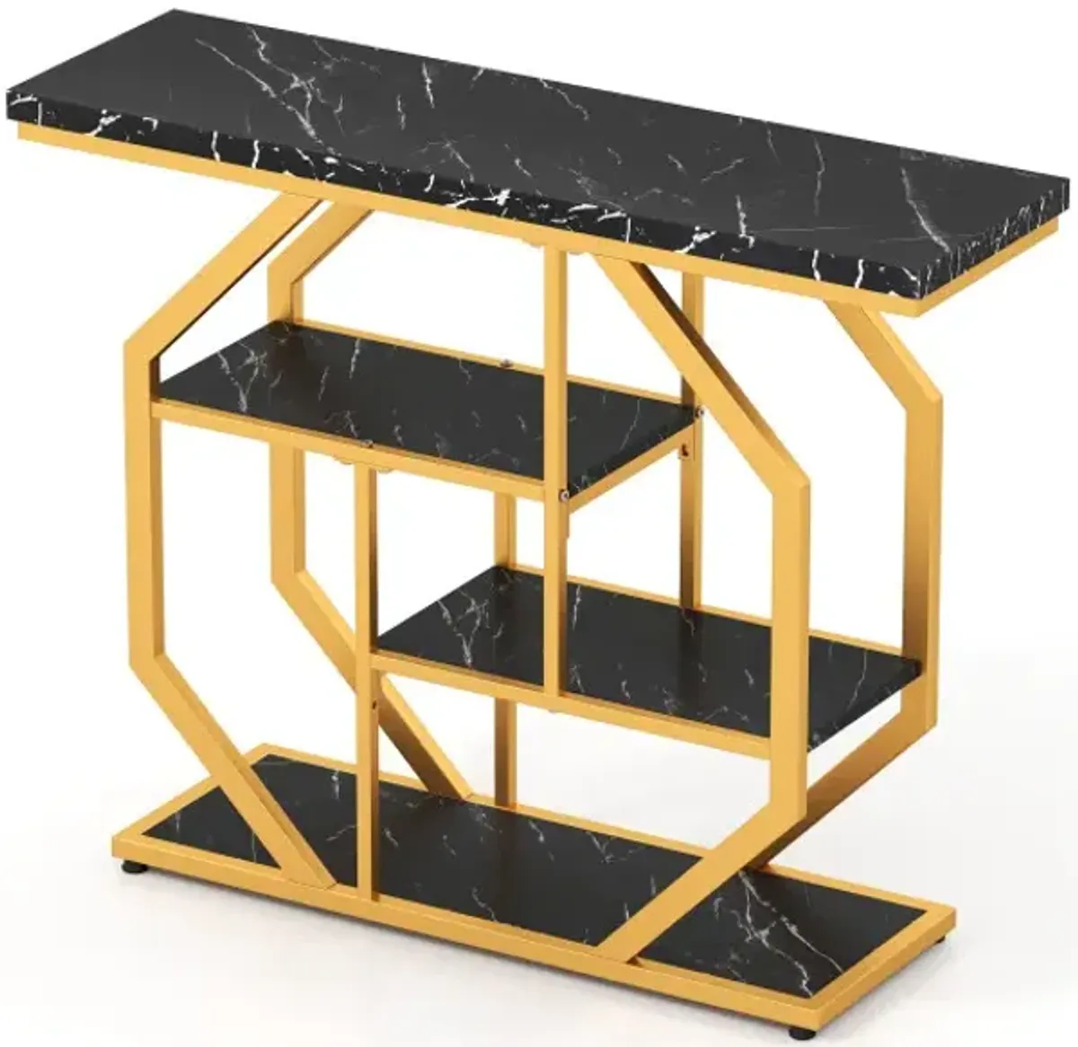 Modern Sofa Table Behind Couch 4-Tier Console Table with Faux Marble Tabletop