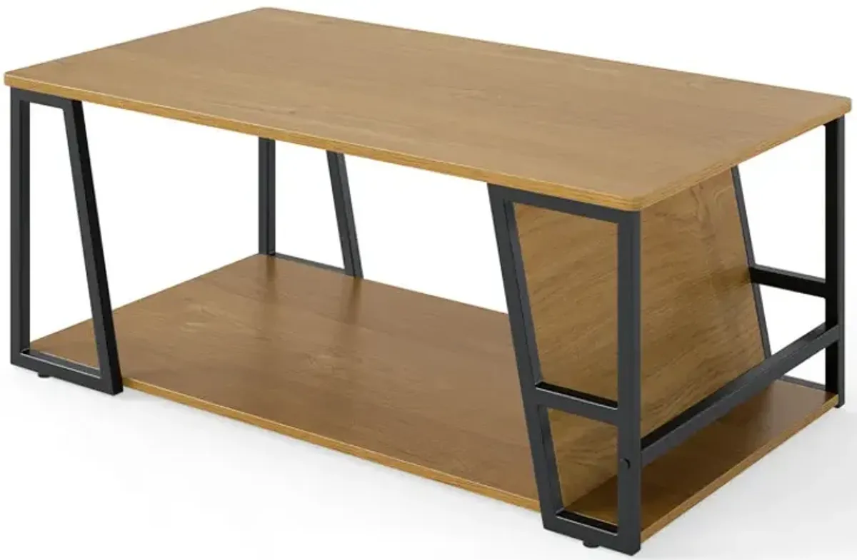 Rectangle Coffee Table 2-tier Industrial Accent Table with Storage Shelf and Compartment