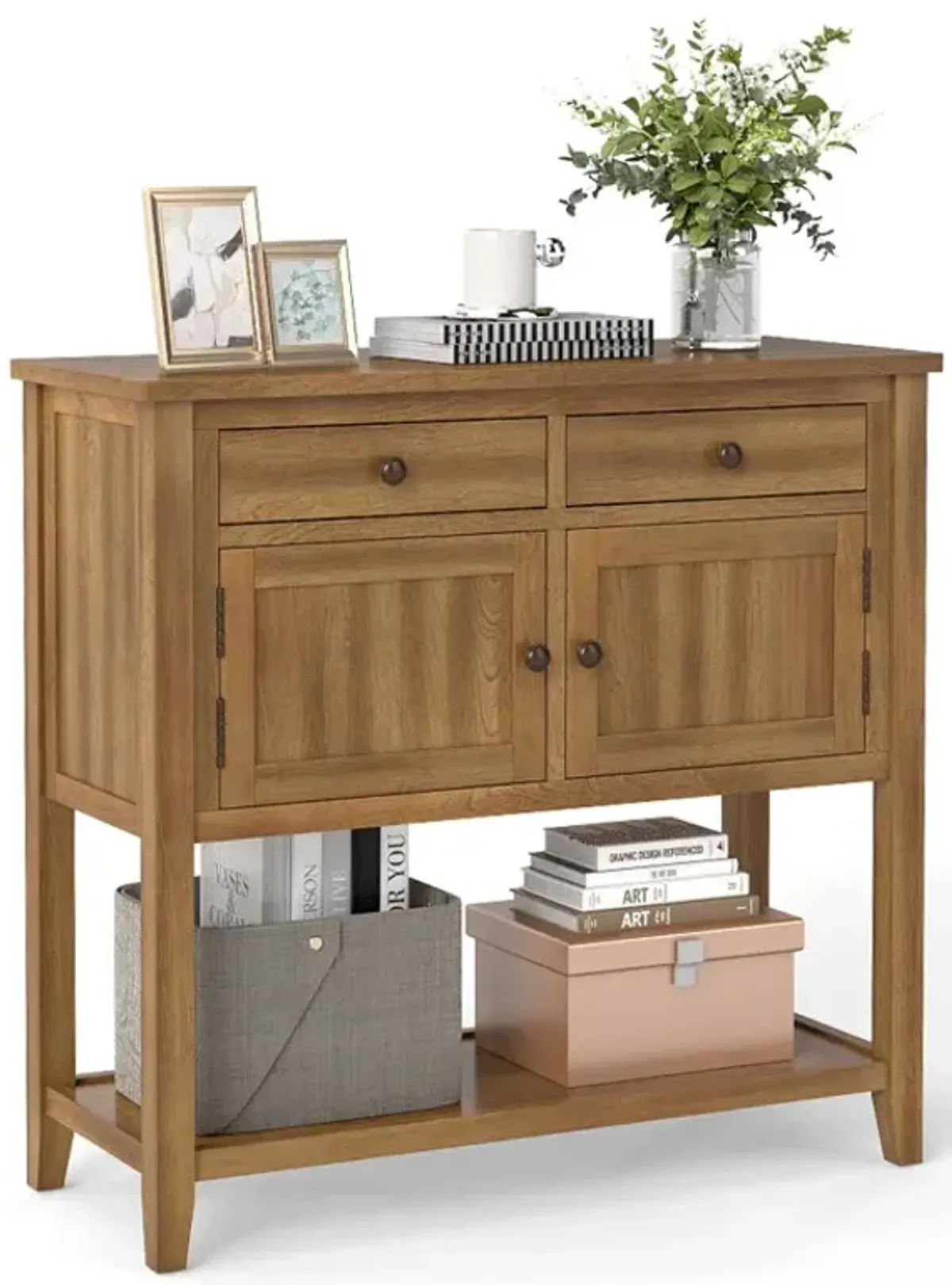 Mid-Century Console Table Wood Coffee Bar Buffet Sideboard with 2 Drawers