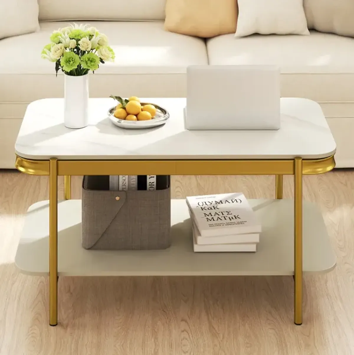 2-Tier Modern Rectangular Coffee Table with Sintered Stone Top