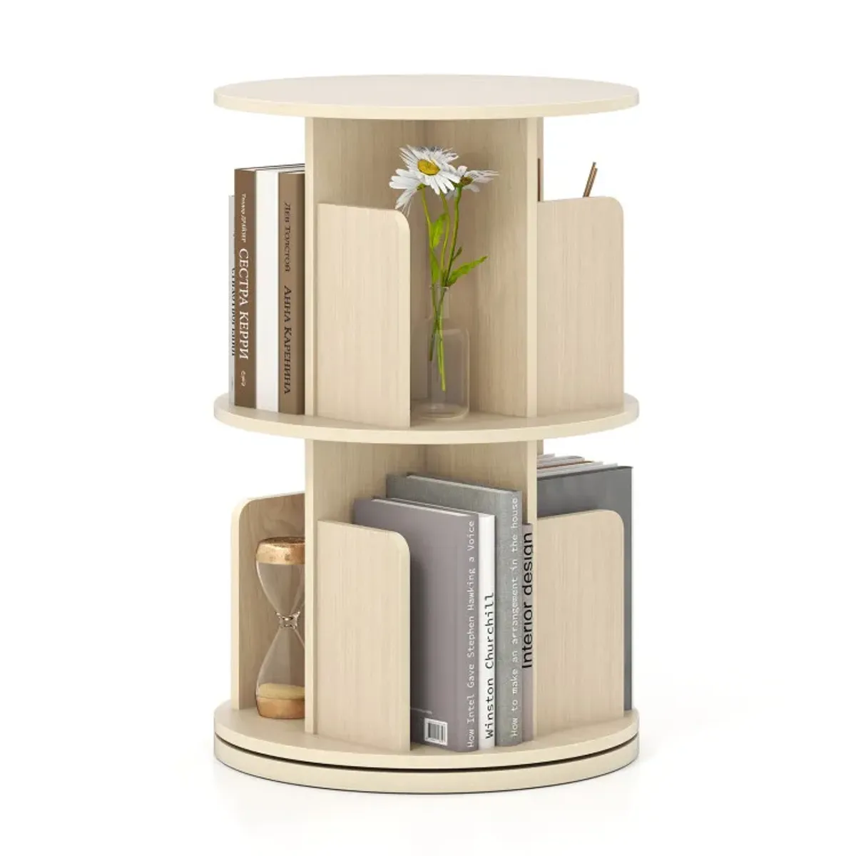 2-Tier Rotating Bookshelf with Dividers and Anti-falling Baffles