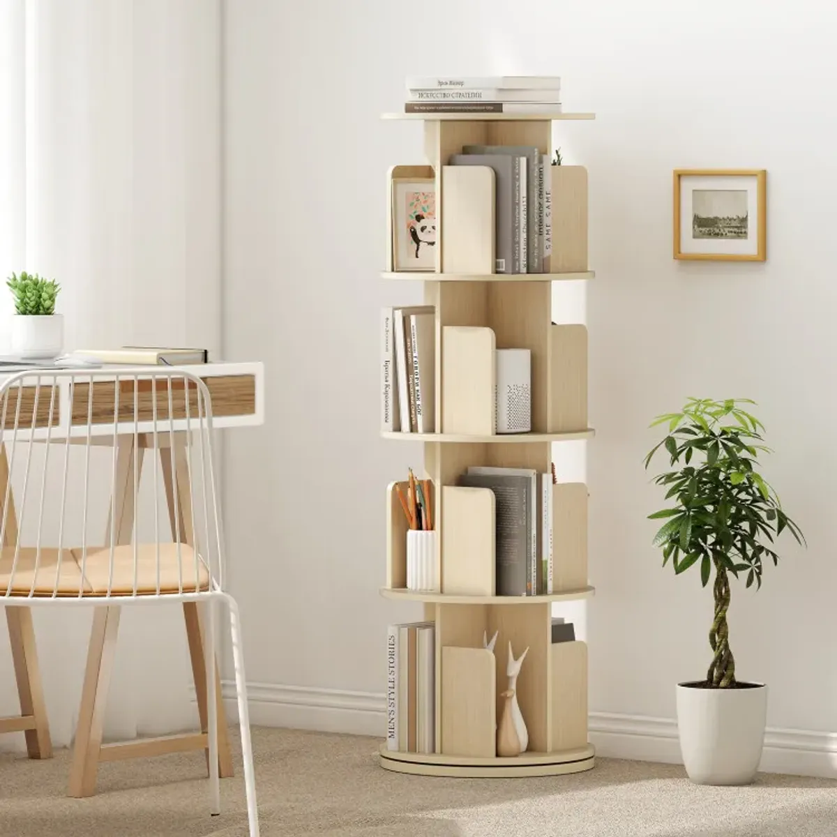 4-Tier Rotating Bookshelf 360° Display Rack with Dividers and Anti-falling Baffles