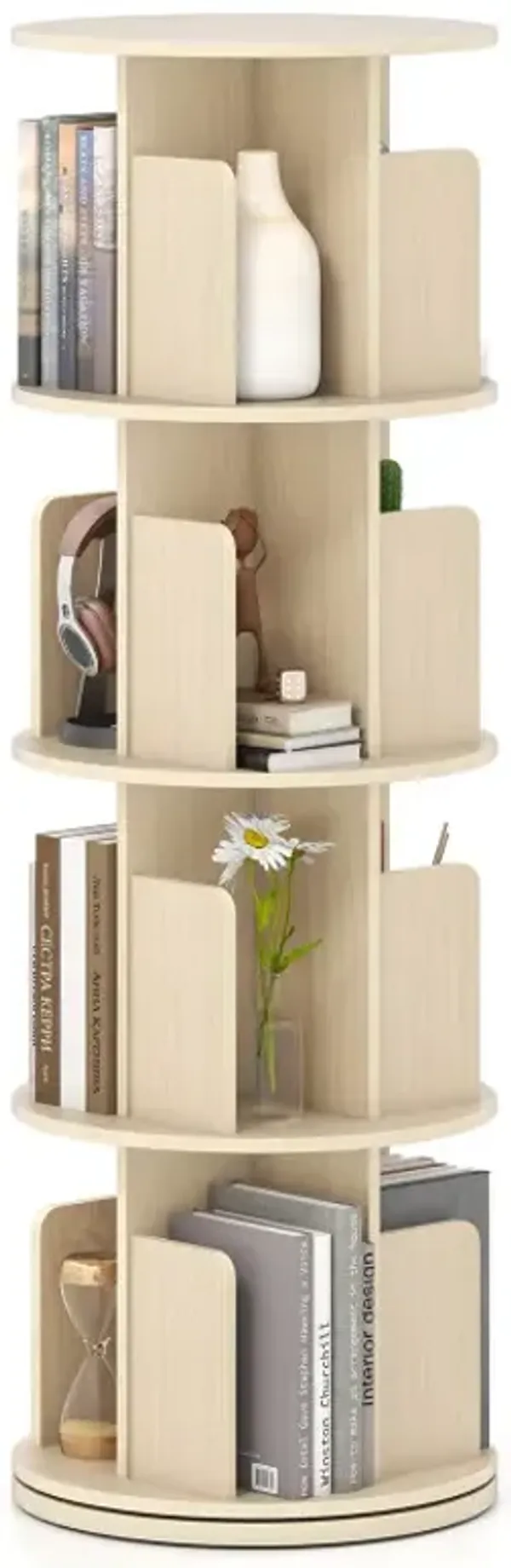 4-Tier Rotating Bookshelf 360° Display Rack with Dividers and Anti-falling Baffles