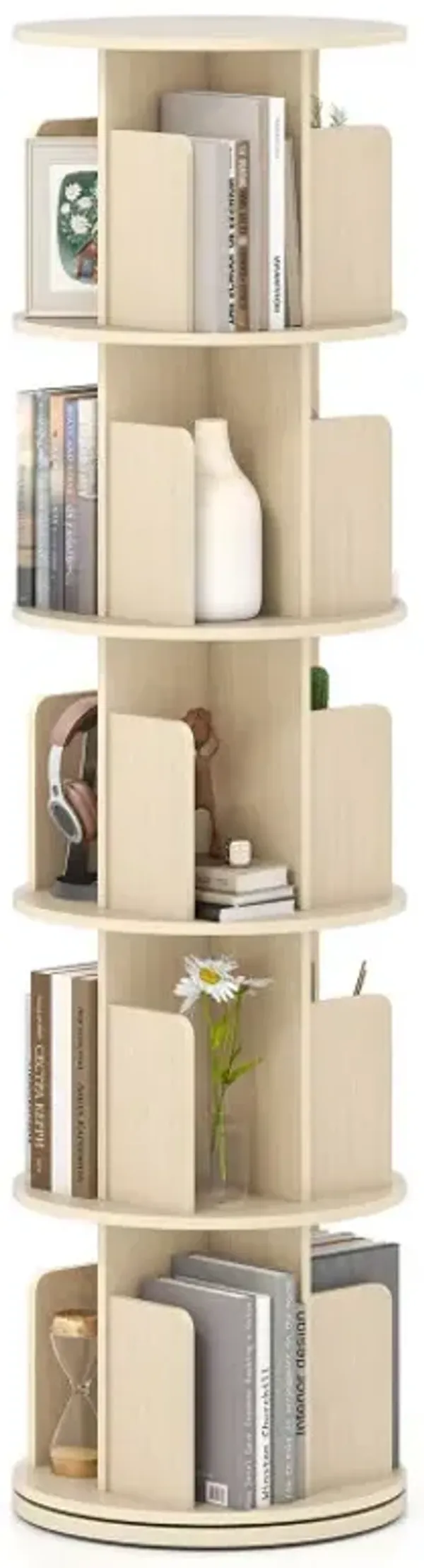 5-Tier Rotating Bookshelf 360° Display Rack with Dividers and Anti-falling Baffles