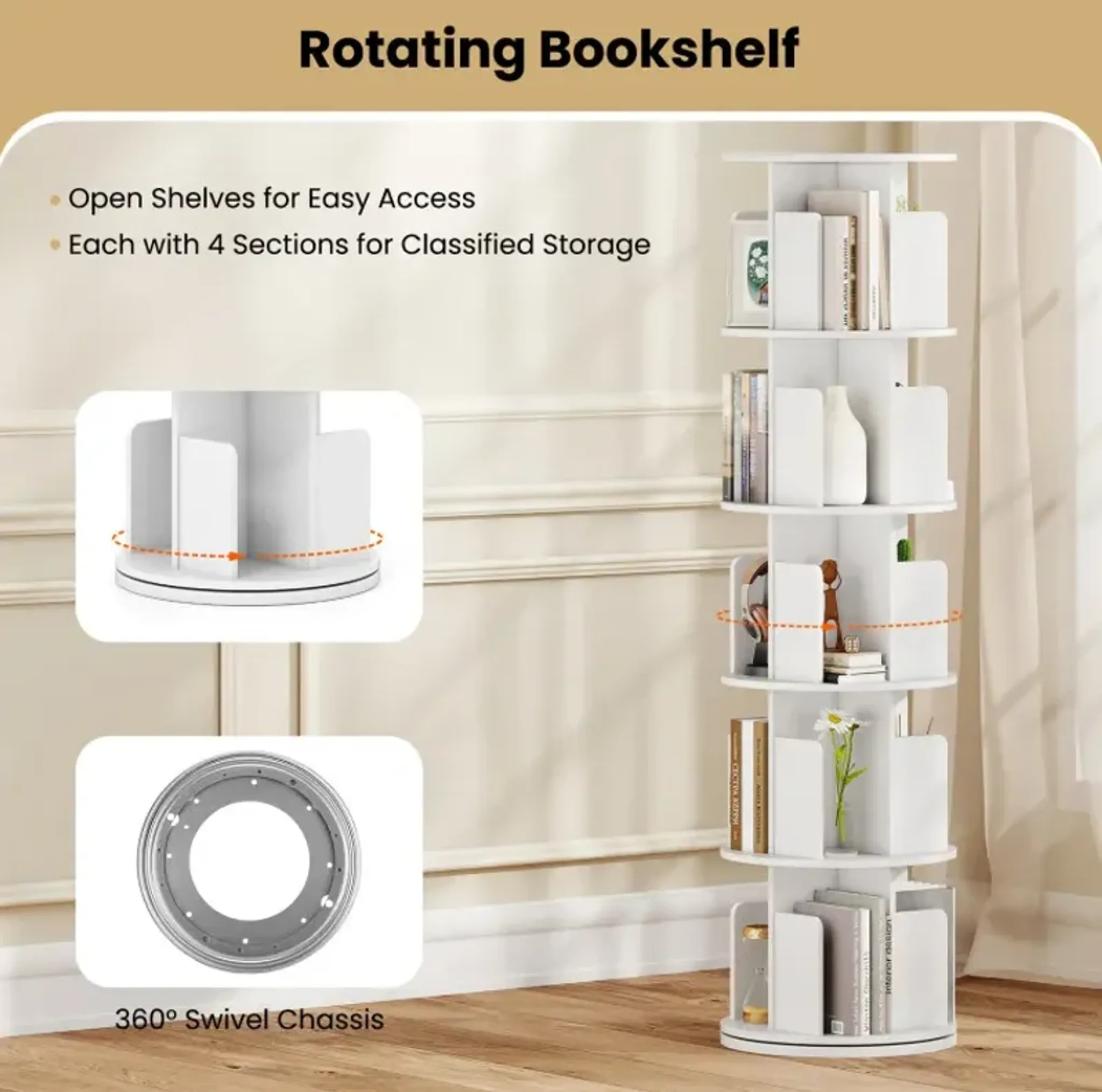 5 Tier Rotating Bookshelf 360 Display Rack With Dividers And Anti ...