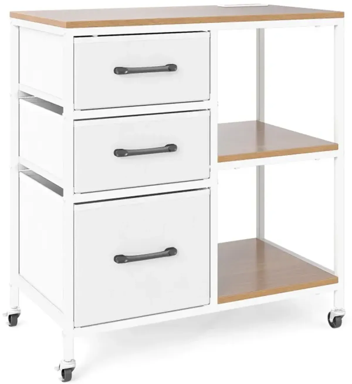 3 Drawer Mobile File Cabinet with Charging Station Rolling Printer Stand with Open Storage Shelves