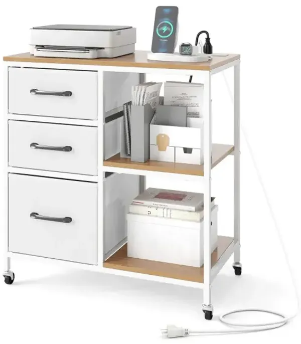 3 Drawer Mobile File Cabinet with Charging Station Rolling Printer Stand with Open Storage Shelves
