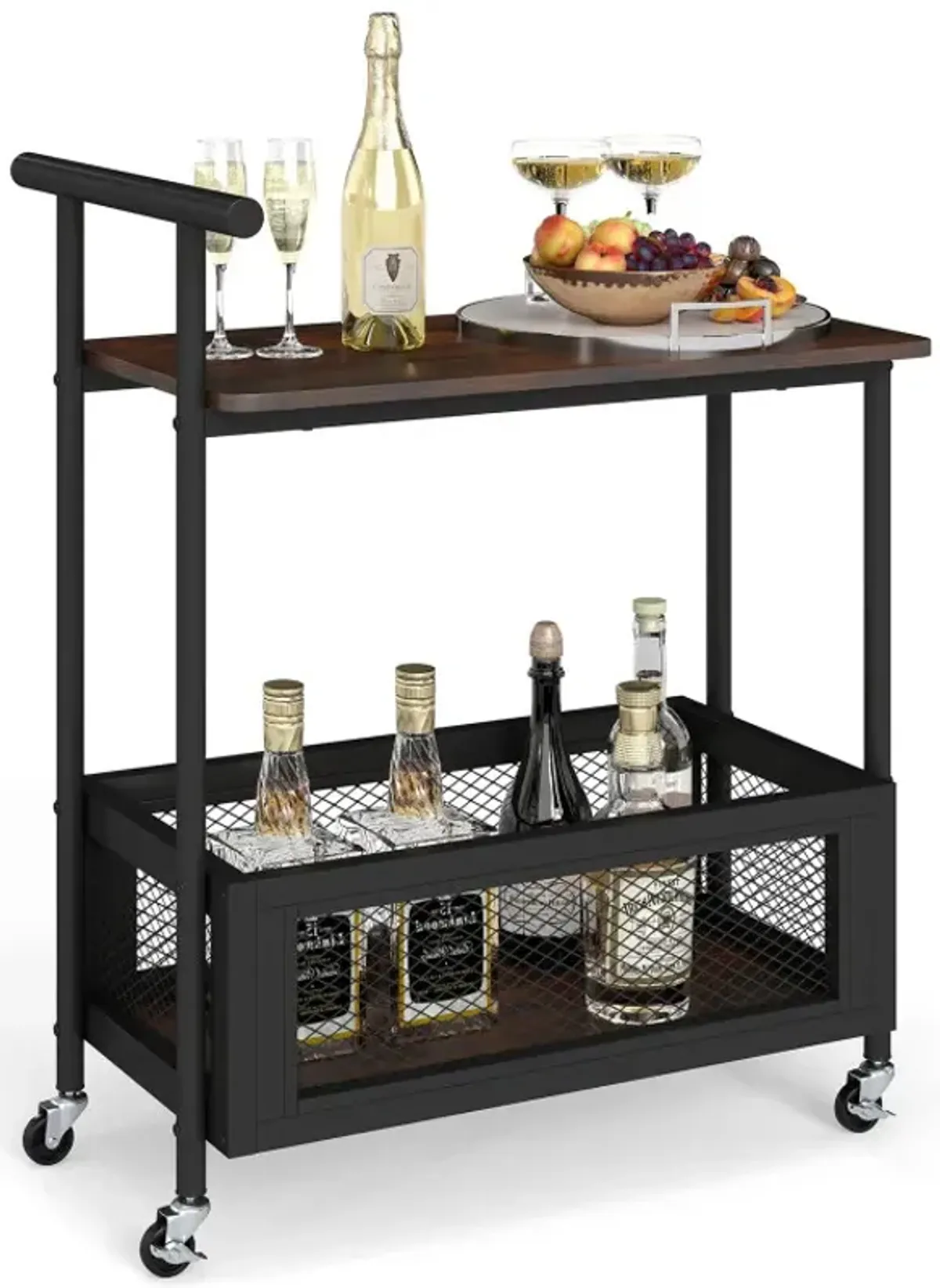 2-Tier Rolling End Table with Handle and Mesh Basket
