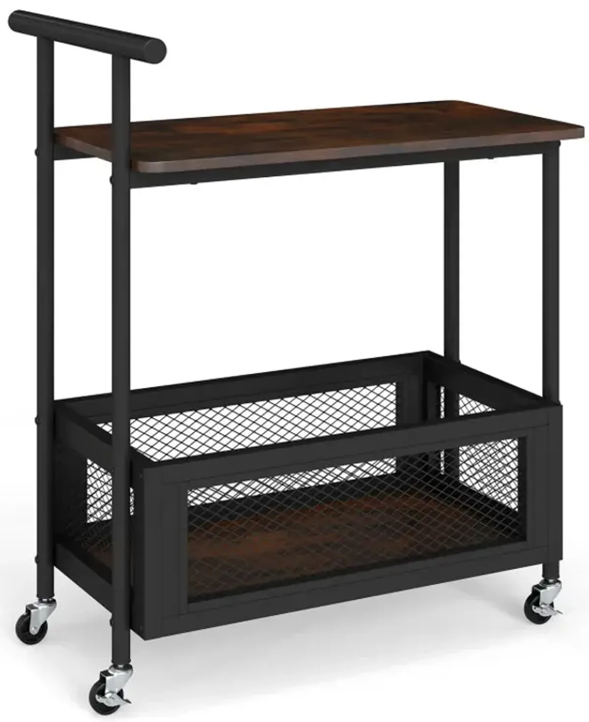 2-Tier Rolling End Table with Handle and Mesh Basket