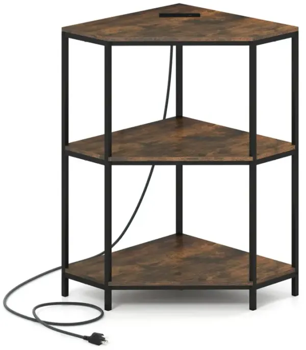 Corner Printer Stand 3-Tier Corner Shelf with Charging Station and Metal Frame