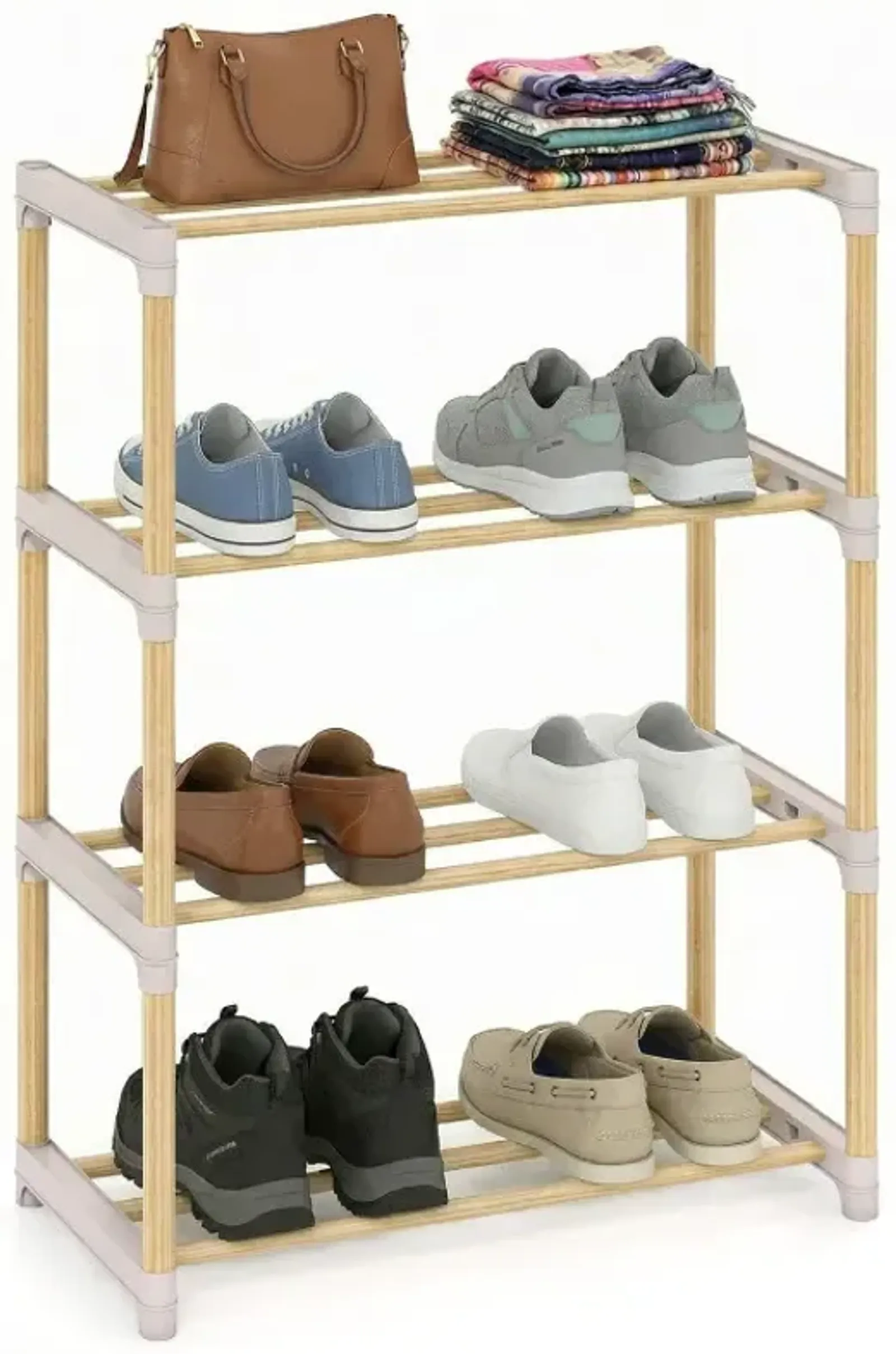 4-Tier Solid Wood Shoe Rack with Slatted Open Shelves