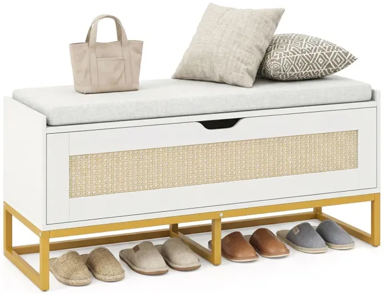 39.5" Rattan Storage Chest Wicker Shoe Bench with Padded Seat Flip-Top