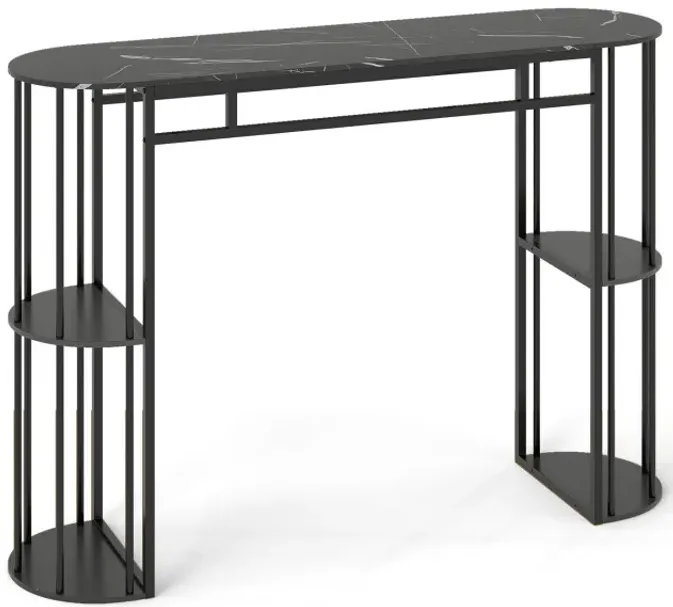 60 Inch Long Bar Table Narrow with Faux Marble Tabletop and Storage Shelves