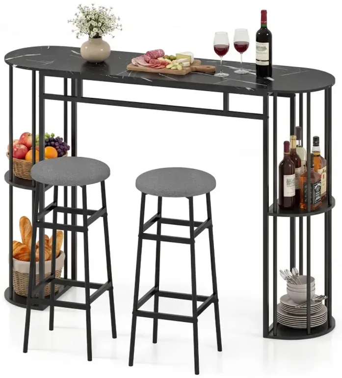 60 Inch Dining Table and 2 Upholstered Barstools with Faux Marble Tabletop