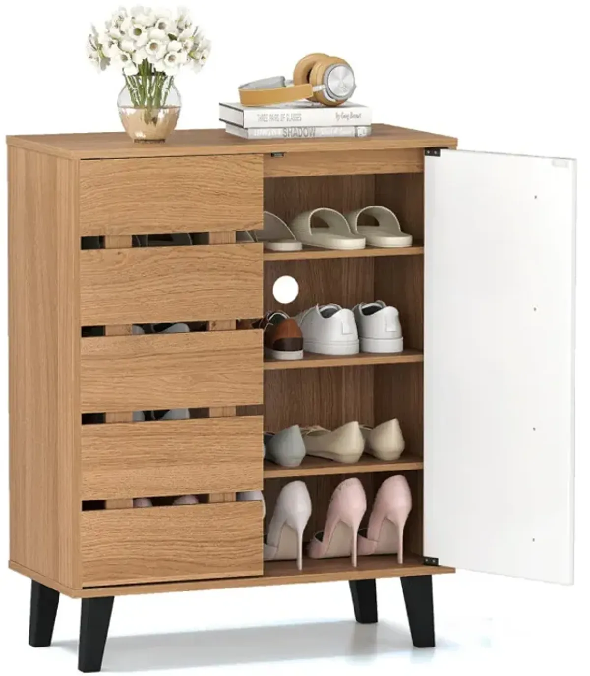 4-Tier Farmhouse Shoe Organizer with Louvered Door