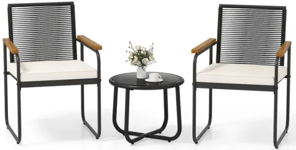 3 Pieces Patio Furniture Set PE Rattan Porch Chairs with Round Tempered Glass Top Table