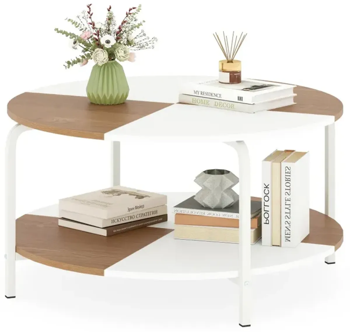 2-Tier Round Coffee Table Metal Frame with Storage Shelf