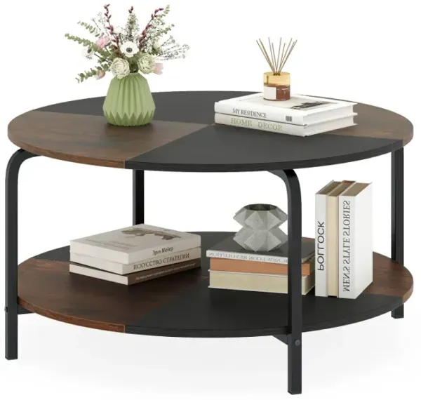 2-Tier Round Coffee Table Metal Frame with Storage Shelf