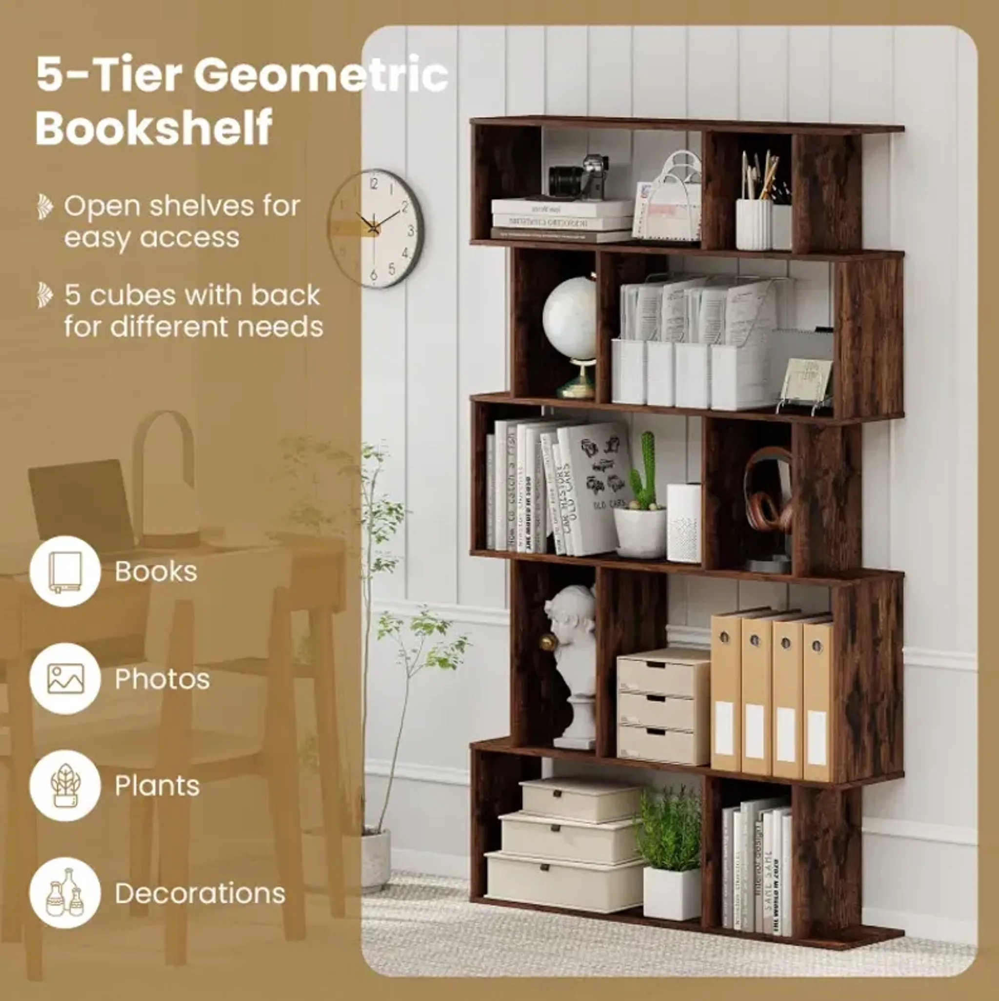 Geometric Bookshelf 5 Tier Bookcase With Open Shelves And Closed