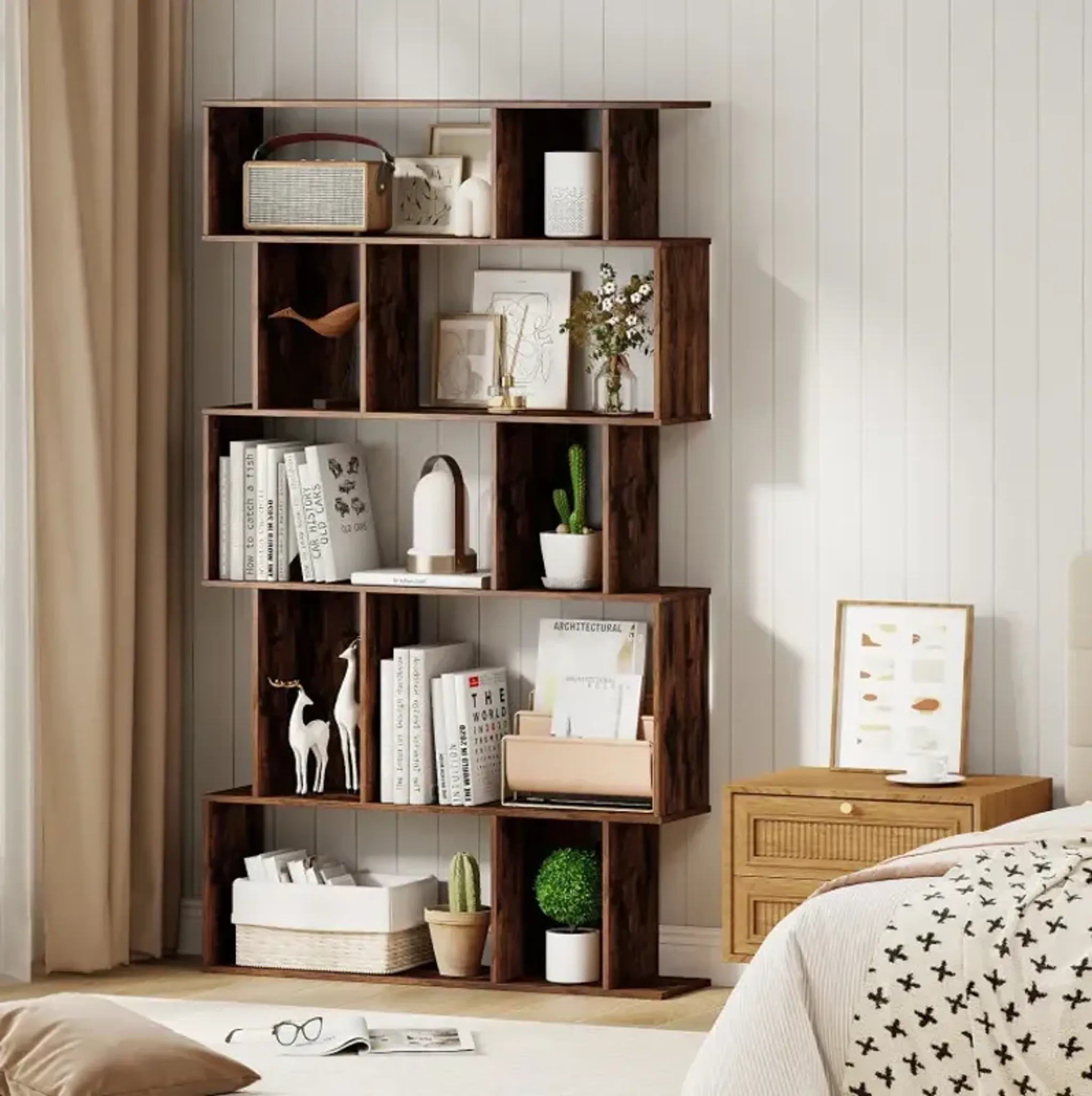 Geometric Bookshelf 5 Tier Bookcase With Open Shelves And Closed