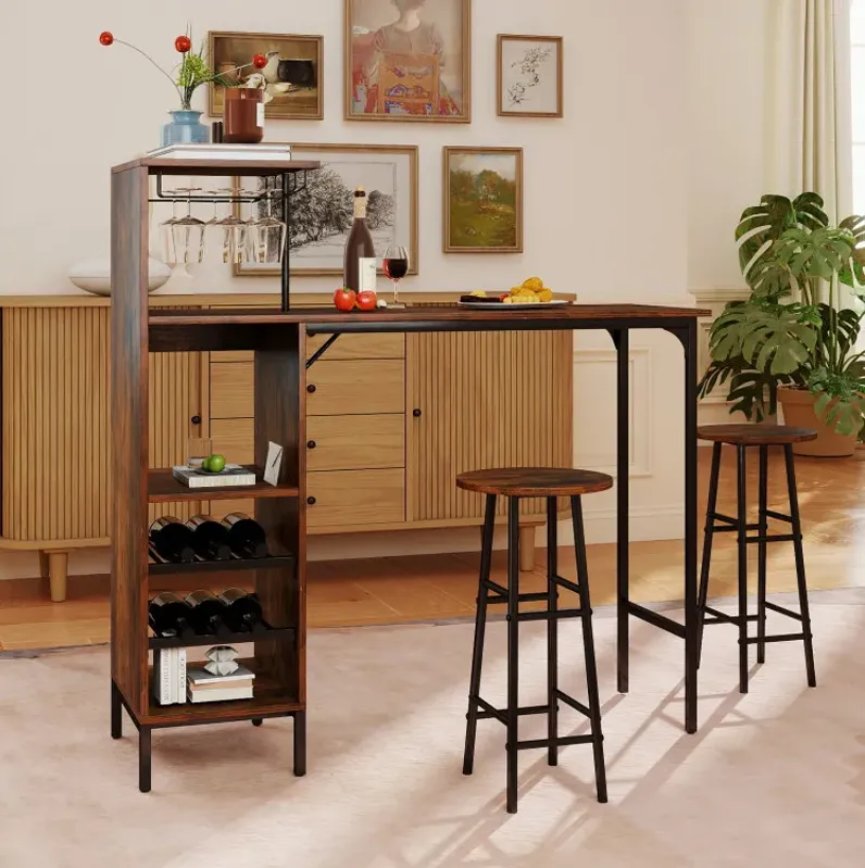 3 Piece Bar Table and Chairs Set with 6-Bottle Wine Rack