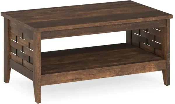 2-Tier Farmhouse Coffee Table with Open Shelf and Woven Decorations for Living Room