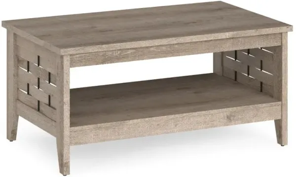 2-Tier Farmhouse Coffee Table with Open Shelf and Woven Decorations for Living Room