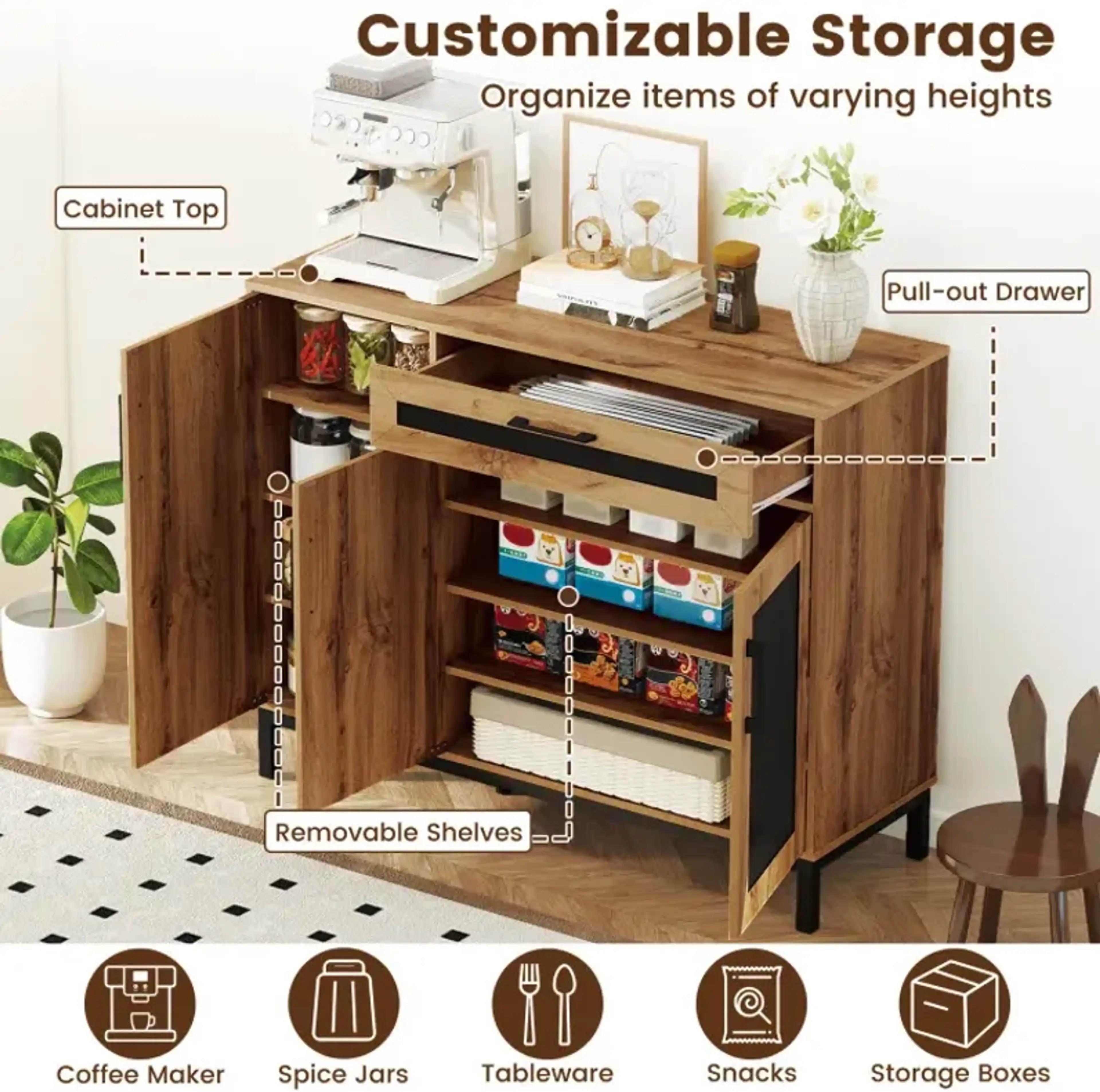 48 Inch Sideboard Buffet Cabinet With Drawer And Metal Legs Costway ...
