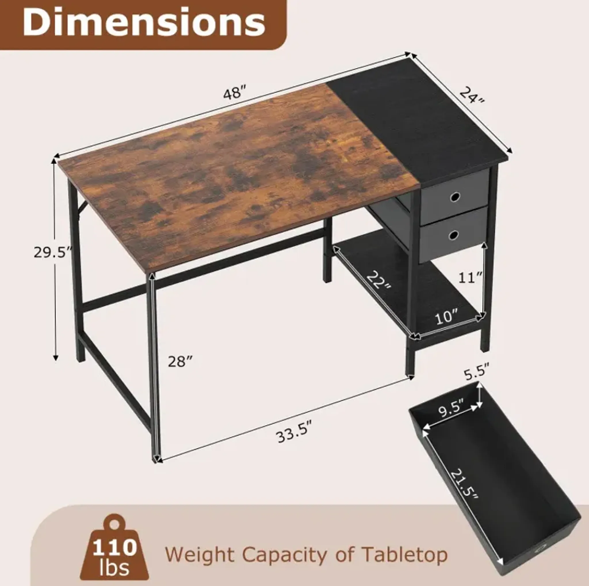 48 Inch Computer Desk With 2 Fabric Drawers Industrial Home Office Desk ...
