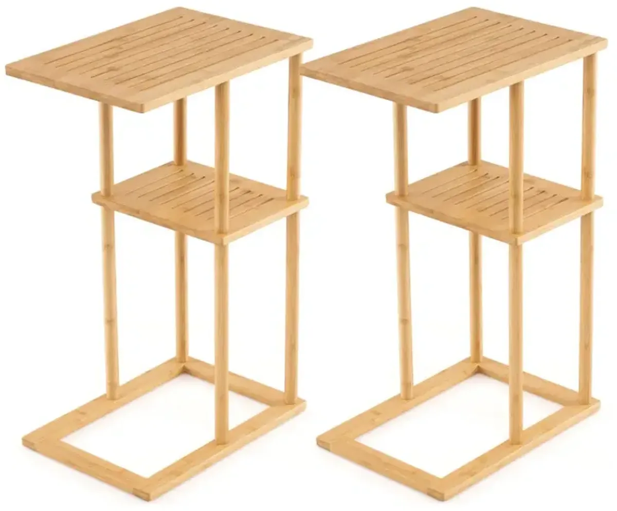 Side Table Set of 2 with Storage Shelves and Bamboo Construction