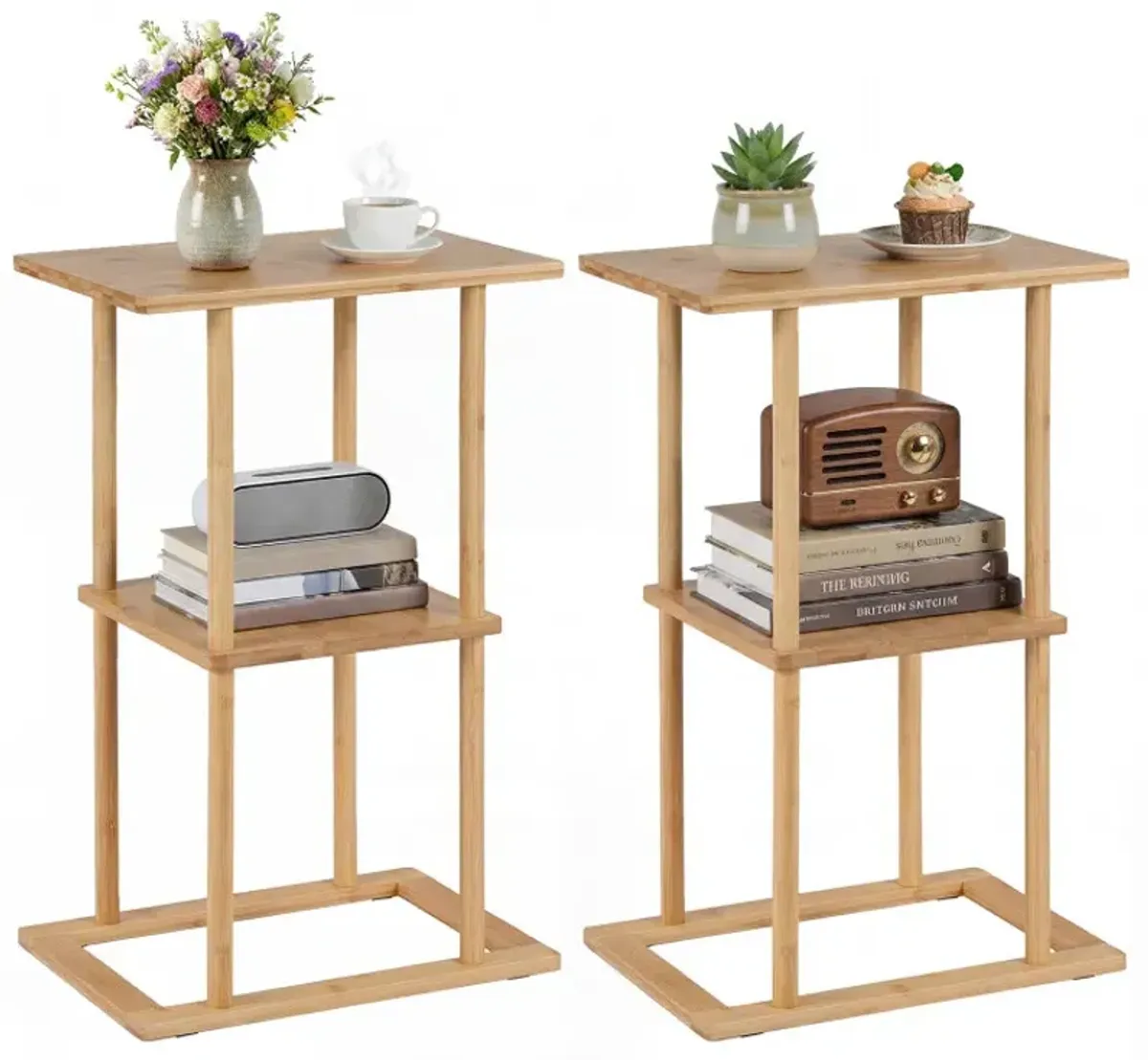 2 Pieces Side Table with Storage Shelves and Bamboo Construction