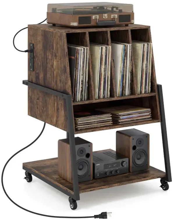 Record Player Stand on Wheels Rolling Turntable Stand with Power Outlets