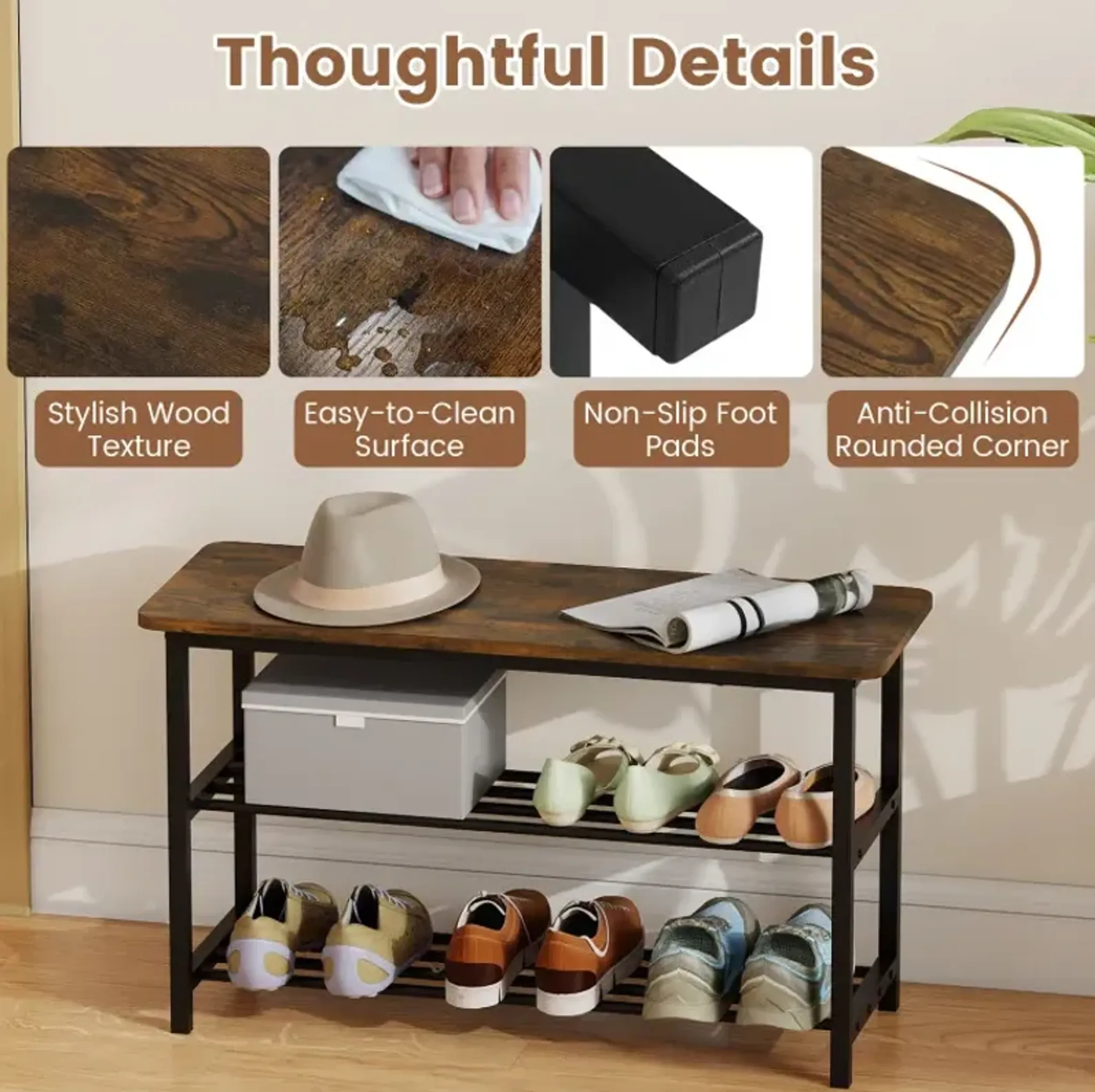 3-Tier Shoe Rack Shoe Bench with Metal Slat Shelves and Long Wooden ...