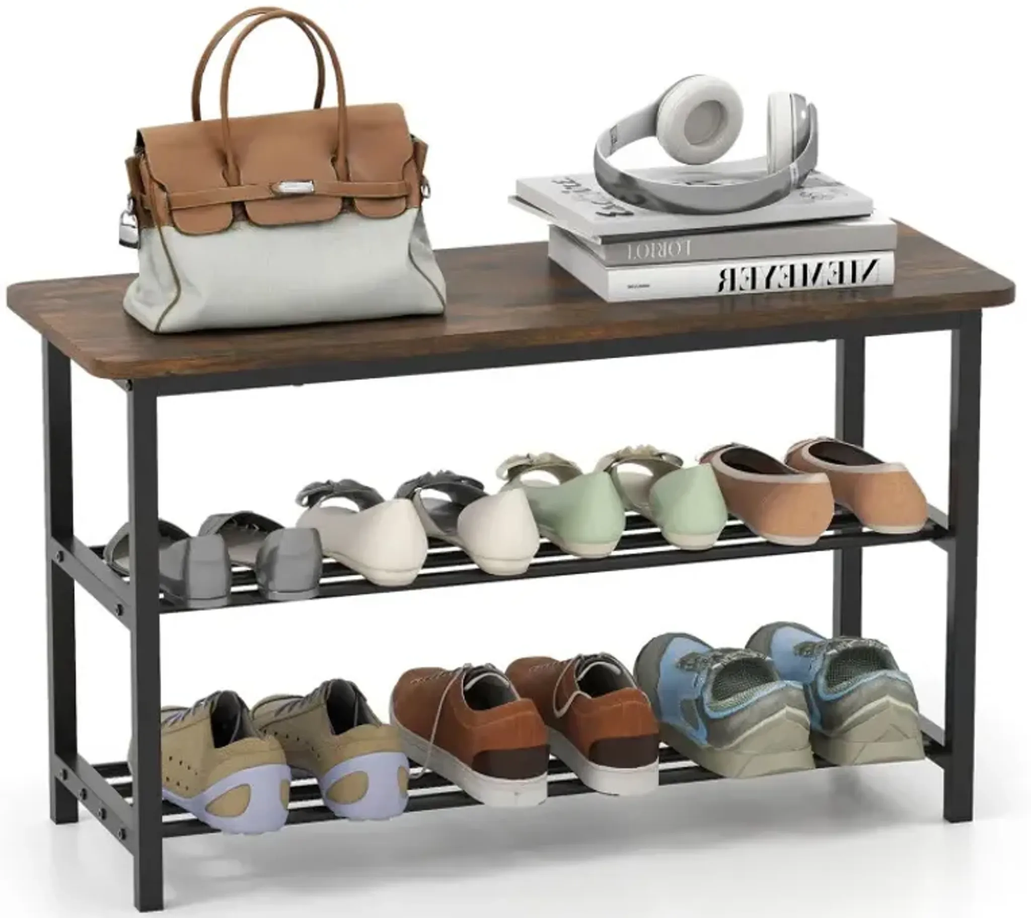3-Tier Shoe Rack Shoe Bench with Metal Slat Shelves and Long Wooden ...