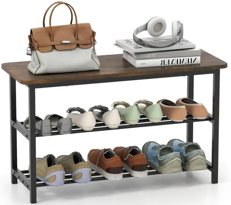 3-Tier Shoe Rack Shoe Bench with Metal Slat Shelves and Long Wooden Seat