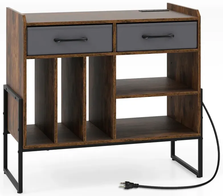 Large Record Player Stand with Charging Station Mid Century Modern Vinyl Storage Cabinet