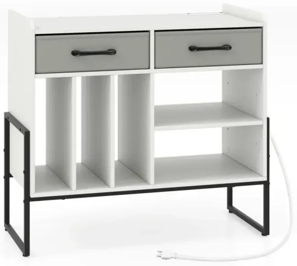 Large Record Player Stand with Charging Station Mid Century Modern Vinyl Storage Cabinet