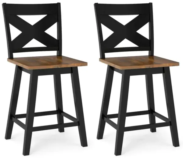 24" Rubberwood Swivel Barstools Set of 2 with Backrest and Large Seat